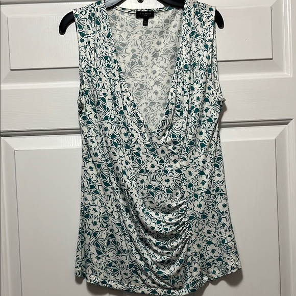 Talbots Green and White Sleeveless Ruched Blouse with Plunge V-Neck - Picture 1 of 7